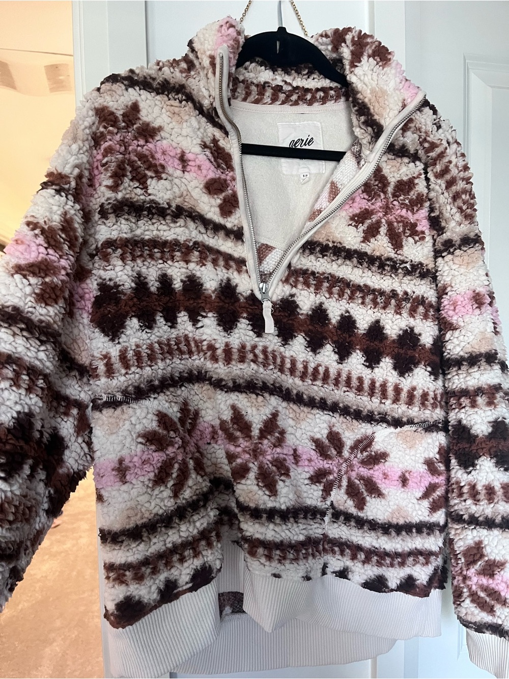 aerie Pink, Brown & Cream Sherpa Half-Zip Pullover Sweater